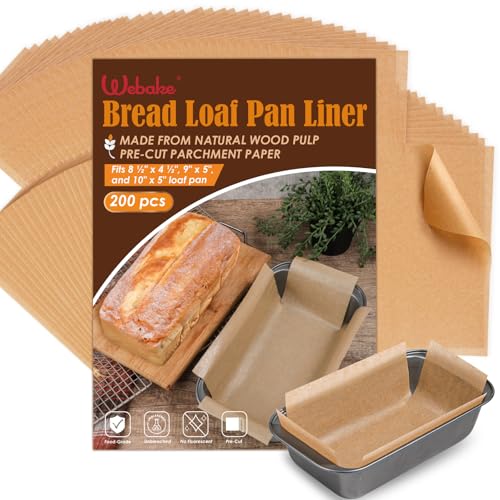 Webake 200Pcs Unbleached Parchment Paper Loaf Pan Liners for Baking Bread 9x5, 1lb 1.5lb 2lb, Original Precut, Non Toxic Baking Paper - color: Brown 9 x 5