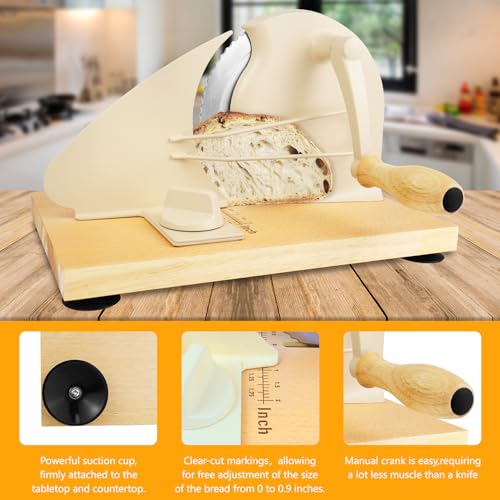 𝐔𝐩𝐠𝐫𝐚𝐝𝐞 Bread Slicer, Manual Bread Slicers with Hand Crank,Sourdough Slicer Manual Adjustable Width,Stainless Steel Blade Metal Guide Rail,Bread Slicer for Homemade Bread, 10 Years Warranty - color: Cream