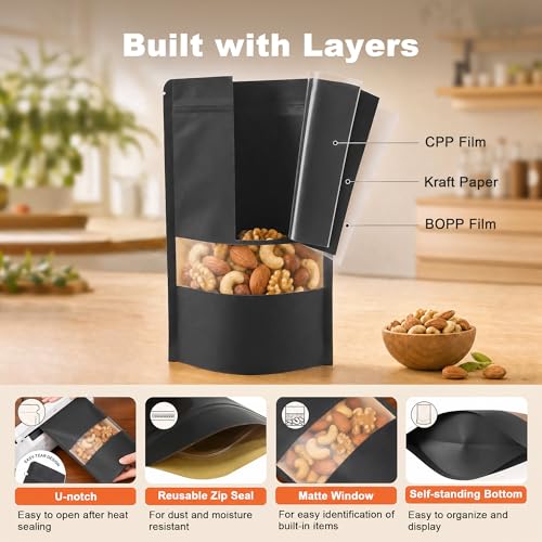 FireKylin 100 Pcs Resealable Bags, Matte Window, Paper, Black,5.9 x 8.6 in - color: Black, size: 5.9"x 8.6"