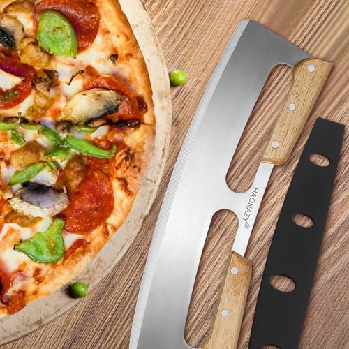 Sharp Pizza Cutter Rocker 14 inch with Double Handles and Protective Cover, Good for Kitchen Dining Room - color: Wood