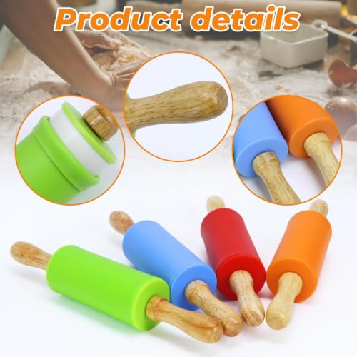 4 Pack Mini Rolling Pin for Kids 9 Inch, Non-Stick Wooden Handle - color: orange + red + blue + green
