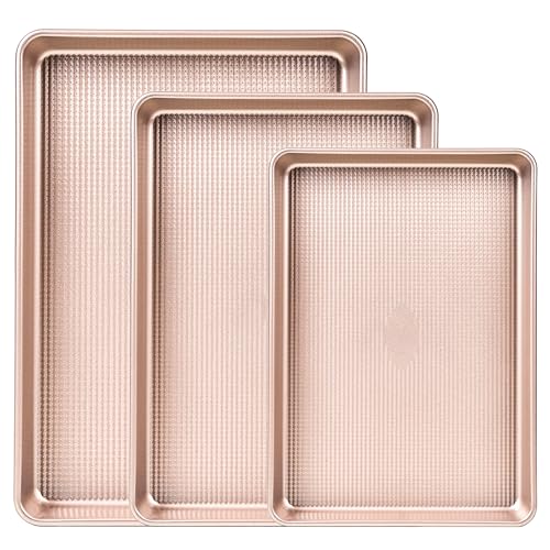 3-Piece Nonstick Baking Sheet Set, Cookie Sheet Pans in 3 Sizes, 0.8mm Thick Heavy Duty Carbon Steel Baking Trays, Easy to Clean for Cookies, Roasting & Baking, Champagne Gold - color: Gold