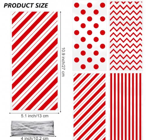 Capesaro 50 Pieces 10.6 x 5.1 In Red Cellophane Treat Bags Candy Gift Bag with Twist Ties Stripes Polka Dot Printed Pattern Goodie Bag for Birthday Weddings Party - color: Red-10.8'' x 5''