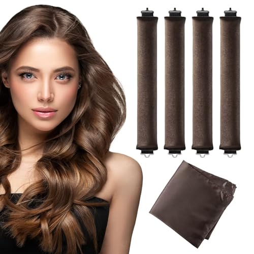 Seritant Heatless Curls Overnight with Satin Head Scarf, Velvet Hair Rollers for Blowout Look, No Heat Curling Rod for Long Thick Hair, Soft Sleep In Flexi Rods - color: Brown