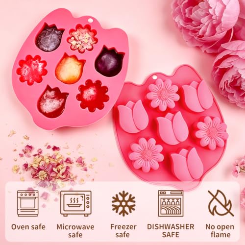 2 Pack Flower Silicone Mold – Tulip & Sunflower Shapes, Food Grade Non-Stick Chocolate Molds for Gummy, Candy, Jelly, Ice Cubes & Baking – BPA-Free, Oven/Freezer/Dishwasher Safe - color: Pink