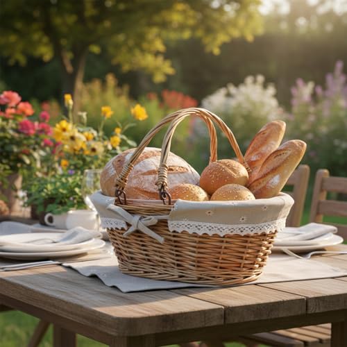 Handwoven Wicker Bread Basket with Handles,12.6in Bread Baskets for Serving Sourdough Proofing with Removable Liner,for Kitchen Counter,Picnic Basket,Easter Basket,and Fruits Vegetable Storage - size: samll
