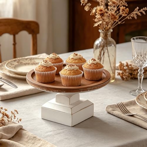 SOFE 9 Inches Round Wood Cake Stand, Rustic White Pedestal Stand