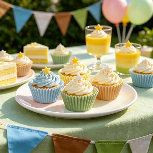 FYSUIMU 400 Pcs Blue Yellow Cupcake Liners Bear Inspired Paper Baking Cups Blue Yellow Sage Green Muffin Liner Cake Storage Container for Baby Shower Birthday Party Supplies - color: Blue Yellow Green