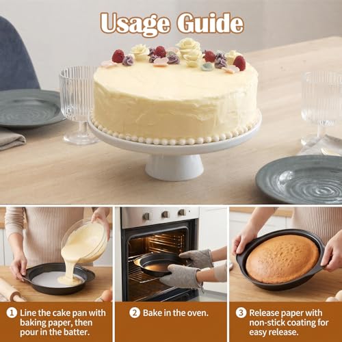 9 Inch Round Cake Pan with Handle, 3 Pcs Nonstick Cake Pans with 100 Pcs Parchment Paper, Carbon Steel Cake Baking Pans Set, Dishwasher Safe