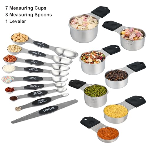 Magnetic Measuring Cups and Spoons Set 16, Metric & US Stainless Steel Measuring Cups and Spoons Set for Dry & Liquid, Metal Measure Cups & Spoons & Leveler for Kitchen&Baking, Black