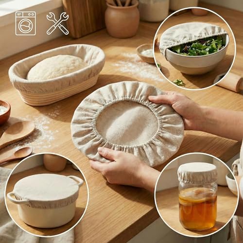 8 PCS Bread Proofing Basket Cloth Liner (6 Round) & 2 Sourdough Starter Jar Covers, 10 Inch Reusable Banneton Basket Cover for Sourdough Baking, Reusable Dough Bowl Liner (Round) - color: 6 Round + 2 Jar Covers