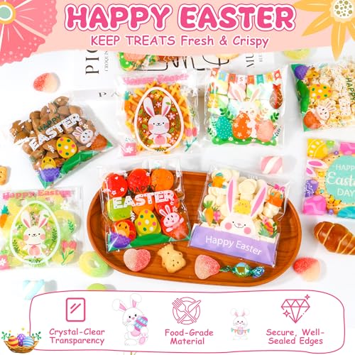 Soarvita 200PCS Easter Self Sealing Cookie Bags: 4x4 Inch Clear Cellophane Treat Bags with Happy Easter Bunny Designs for Candy Goodie Gifts Packaging, Ideal for Classroom Exchange, Party Favors - color: Easter 200pcs