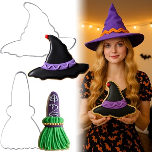 Teenyyou 2 Pcs Extra Large 7.5" Halloween Cookie Cutters, Witch Hat & Broom - style: Witch's Hat and Broom