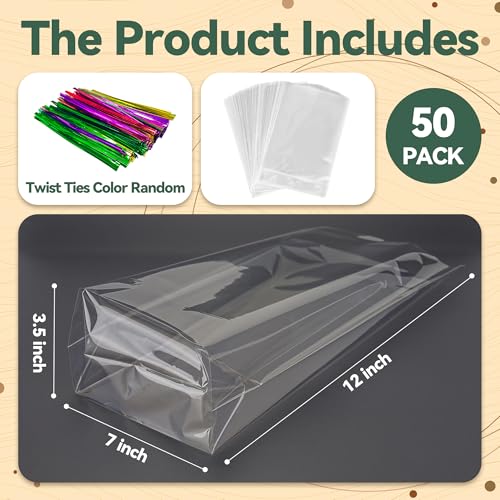 NPLUX Halloween Party Treat Bags, 50 Pack 7x12x3.15 in for Bakers - color: Clear-7×12×3.15 Inch-50