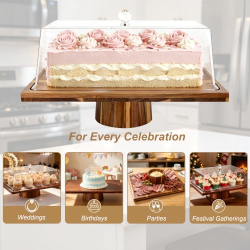 OUEST 17” Rectangular Acacia Wood Cake Stand with Shatterproof Acrylic Lid