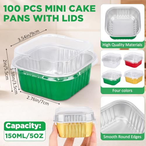 Skylety 100 Pcs 5oz Mini Square Cake Pans with Lids, Christmas Mix - color: Christmas Mix