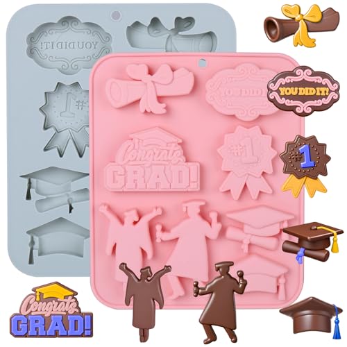 Palksky Graduation Silicone Molds, Grad Chocolate Candy Mold with Cap Diploma Congrats Scroll 3D Shape for Baking Chocolate Gummy Cookies Fondant Cupcake Cake Decor, Graduation Party Decoration - color: 2Pcs Graduation Silicone Molds