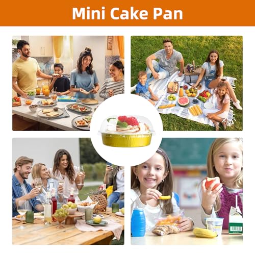Mini Cake Pans With Lids And Spoons, Baking Tins For Round Small Desserts 7 Oz Aluminum Foil Baking Pans Disposable Ramekins Individual Cake Containers Holders For Tart Quiche Flan (50, Gold) - color: Gold