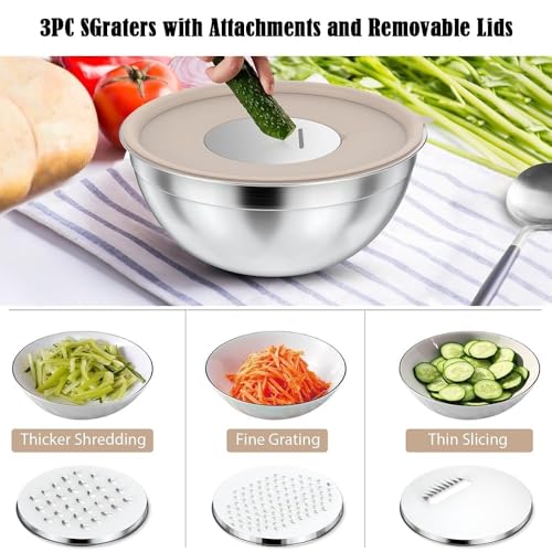 Khaki Stainless Steel Mixing Bowls with Lids Set, 6pcs - color: Khaki 6 Size