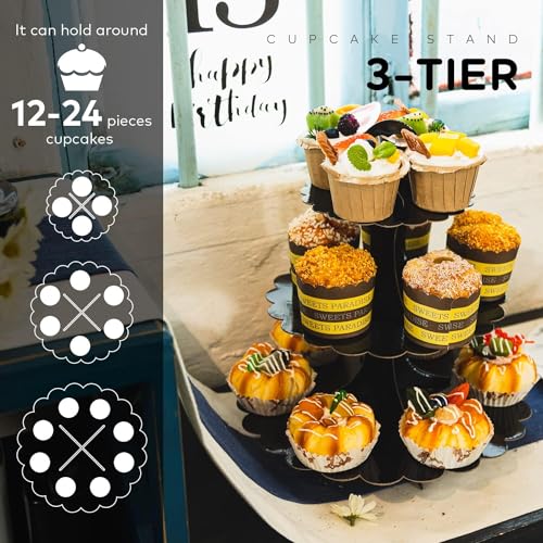 Black Cupcake Stand 3-Tier 1-Pack, Cardboard Dessert Display Tower - color: Black 1 Pack