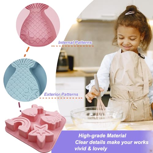 2 Pack Unicorn Molds Silicone 4 Cavity 3D Big Cartoon Themed Baking Mould Tray with Mermaid Rainbow Star for Baby Shower Birthday Party Chocolate Cake Mousse Pastry Soap Crayons Cupcake Topper - style: 4 Cavity Big Unicorn Molds