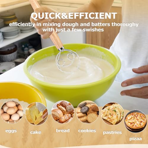 Sourdough Danish Dough Whisk Sour Dough Whisking Tool，13inch Wooden With Stainless Steel Durable，Flat Dutch Sourdough Bread Baking Supplies，Easy Seamless Wisking Sour Dough Mixing Tool(Double loop)