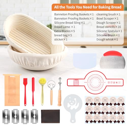 Sourdough Bread Baking Supplies, Sourdough Starter Kit, 9" Round and 10" Oval Sourdough Kit, Banneton Bread Proofing Basket for Home and Kitchen, Bread Basket, Sour Dough Starter Kits, Gift