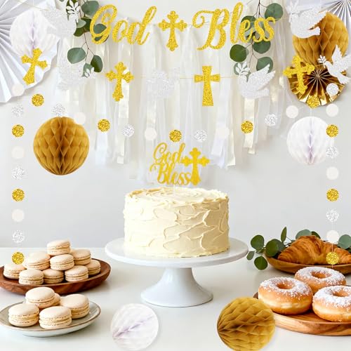 God Bless Banner Cross and Dove Glitter Dots Garland with Cake Topper Honeycomb Balls Set for God Bless Christening Baptism Party Decorations Boys Girls Holy First Communion Décor
