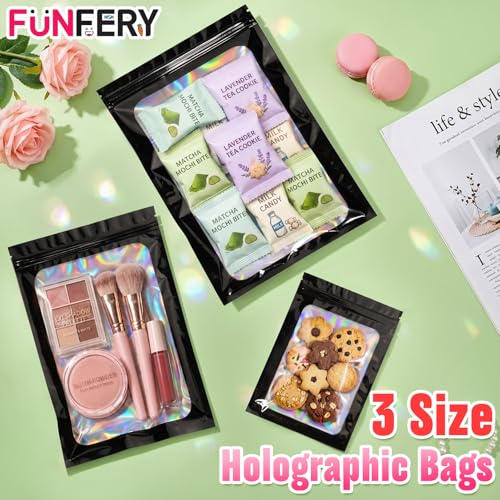 Funfery 300 Pack 3 Size Mylar Holographic Bags with Clear Window,Black - color: Black, size: 5.5x7.9+6.3x9.4+7x10 Inch