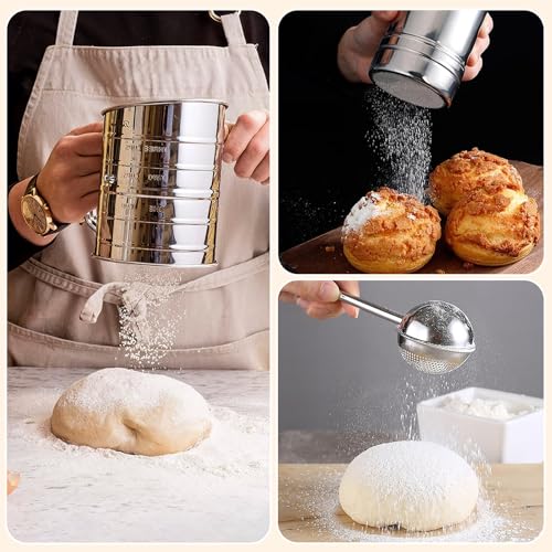 4 in1 Flour Sifter Stainless Steel, 3 Cup Flour Sifter for Baking, Sifter for Baking with Powdered Sugar Duster Set, Flour Shaker Duster for Baking Cakes, Pies, Pastries, Desserts and Cupcakes (3 Cup)