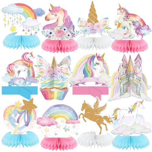 Pickmesh 12 Pcs Unicorn Birthday Party Supplies Unicorn Rainbow Honeycomb Centerpieces Cloud Cupcake Castle Table Topper Decorations for Girls Princess Birthday Baby Shower Party Decor - color: Rainbow, style: Unicorn