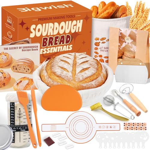 Sourdough Starter Kit with Banneton Proofing Basket, Jar and Baking Tools - color: Orange