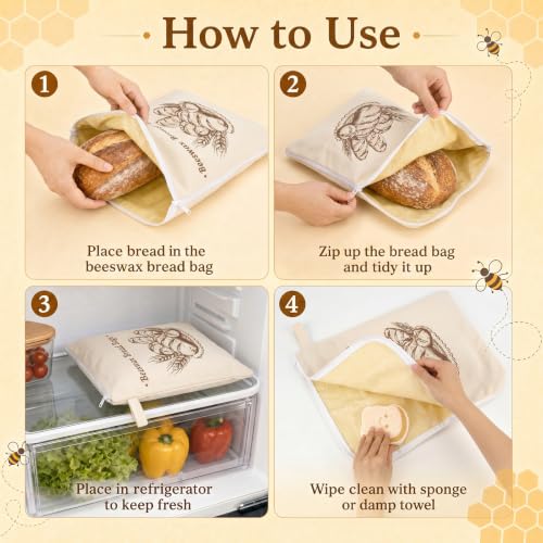 4-Pcs XL Beeswax Bread Bag Set: 2 Bags, Bowl Cover & Cleaning Sponge - color: Bread