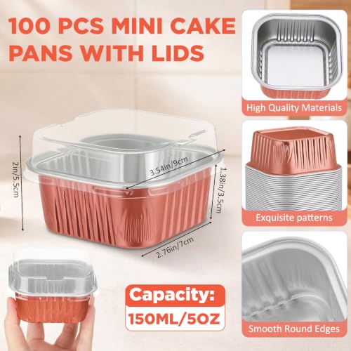 Skylety 100 Pcs 5oz Mini Square Cake Pans with Lids, Rose Gold - color: Rose Gold