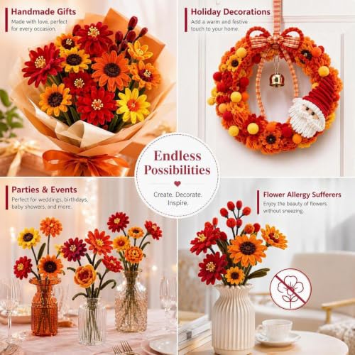 976Pcs Red Pipe Cleaners Flower Kit,7 Colors Soft Chenille Stems - color: Red and orange colour