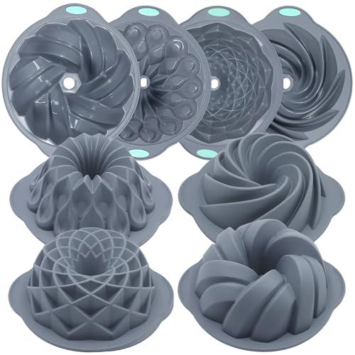 Tongjude 4 Pieces Silicone Fluted Cake Pans, 6/7/8 Cups Tube Baking Pan, Non-Stick Kitchen Oven Baking Pans, Silicone Molds for Homemade Cake, Bread and Jello, Grey - size: 4pcs fluted cake pans (6/7/8 Cups)