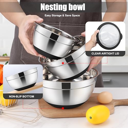 E-far Stainless Steel Mixing Bowls with Lids & Colander, 15PCS - color: Black