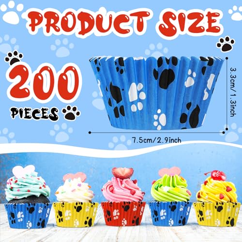 200 count Paw Bone Cupcake Liners Dog Wrappers Paw Pattern Cup Cake Holder Puppy Dog Theme Cupcake Wrappers for Baby Shower Birthday Party Supplies(Blue Red Yellow) - color: Blue Red Yellow