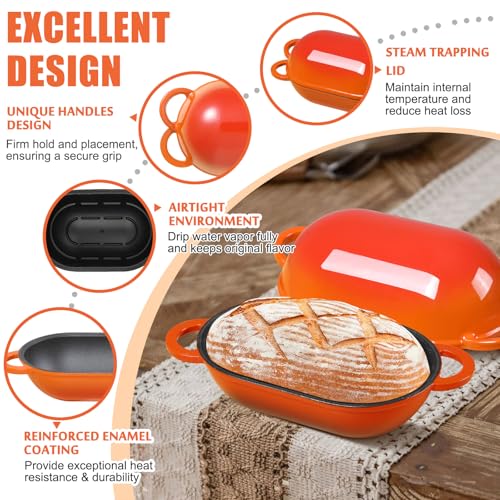 2.5 QT Enameled Cast Iron Sourdough Bread Oven, Loaf Pan with Lid - color: Orange, size: 2.5 QT