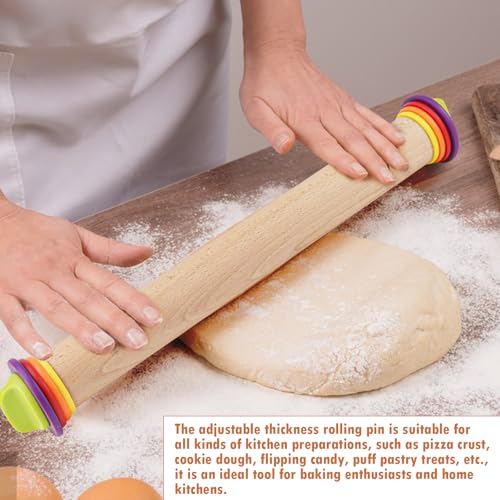 17Inch Wooden Rolling Pin, Rolling Pin with 4 Adjustable Thickness Ring, Graduated Rolling Pin for Baking, Fondant, Pizza, Crust, Cookies, Pastry