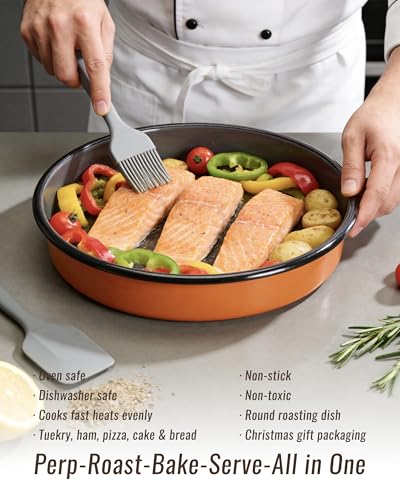 Round Turkey Roasting Pan Set of 4, Enamel Deep Dish Pizza Baking Pan - color: Orange