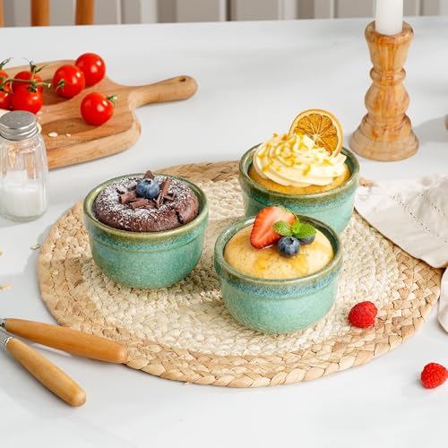 Henten Home 6 oz Ramekins Set Oven Safe, Ceramic Creme Brulee Ramekins Set of 2, Baking Cups for Pudding, Souffle, Ice Cream, Snack, Dipping (Green) - color: Green-2