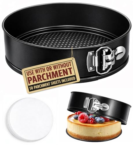 Tellshun 8 Inch Non-stick Springform Pan with 50 Pcs Parchment Paper Cheesecake Pan with Removable Bottom Baking Mold Round Leakproof - size: 8" Cake Pan