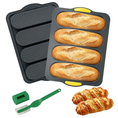 2 Pack Food Grade Silicone Baguette Bread Pan, 4‑Cavity Non‑Stick Easy Release French Bread Mold for Homemade Baguettes, Sourdough, Hoagie, Hot Dog Buns, Sandwich, Includes Bread Lame