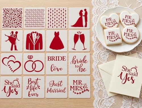 16Pcs 4x4Inches Wedding/Engagement Cookie Stencils, She Said Yes/Bride to Be/Miss to Mrs Stencil for Baking, Royal Icing, Sugar Cookie, Bridal Shower Decor, Cards Decorating Tools & Personalized Gifts