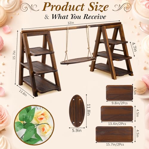 Rustic Wooden Cupcake Stand with LED String Lights, 3 Tier Dessert Display Ladder with Swinging Tray, Solid Pine Serving Trays with Flower Vine for Wedding, Party, Birthday Event Table Decor