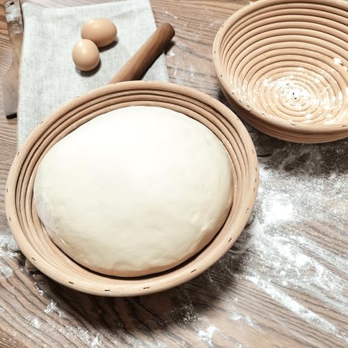 Banneton Bread Proofing Basket set of 2, 9 Inch Round Sourdough Proofing Baskets with Liner,Dough Proofing Bowls,Made of Natural rattan,for Sourdough Bread Baking Supplies - size: 2 set 9 inch Round