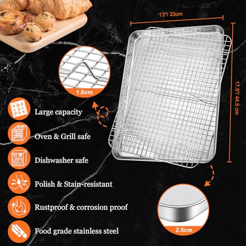 Half Sheet Baking Pan & Wire Rack, Leonyo 17.5" x 13" Large Stainless Steel Cookie Sheets with Cooling Rack Set, Nonstick & Oven Safe Commercial Baking Tray Pans - 4 Pack - size: Half Sheet Pan
