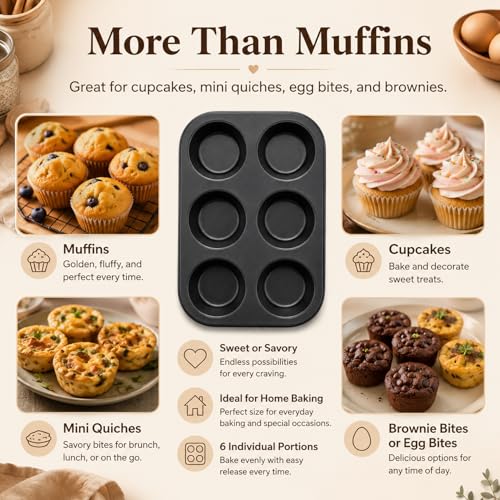 Premium Non-Stick Muffin Baking Pan,6-Cup cake Pan Set of 2(Black)
