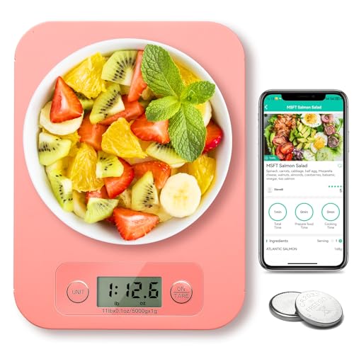 URAMAZ Smart Food Scale with Nutritional Calculator, Digital Kitchen Scale with Bluetooth App for Weight Loss, Food Weight Scale for Diet, Keto, Macro, Calories Counting, Tracking, 11lb - color: Pink